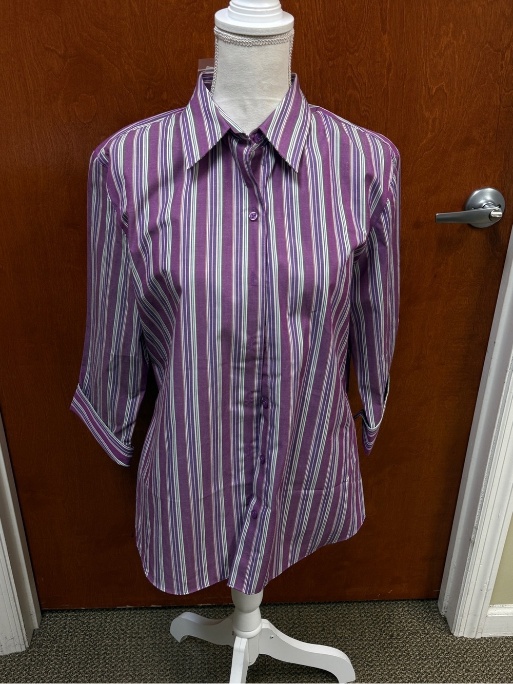Westbound Essentials Y2K Purple Striped Wrinkle Free Shirt Size 14